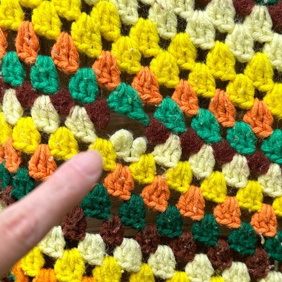 Vintage 70's Handmade Blanket Knit Square Mod Green Yellow Brown Crochet Fall - Picture 8 of 8